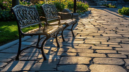 A serene park scene featuring decorative benches under soft evening light, surrounded by lush greenery and colorful flowers, perfect for relaxation.の素材