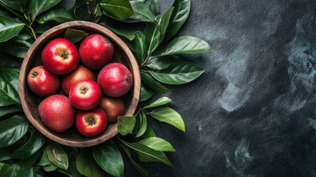 A stunning arrangement of fresh red apples in a wooden bowl surrounded by lush green leaves, perfect for autumn-themed projects and healthy lifestyle visuals.の素材