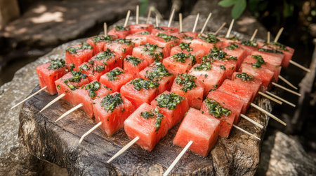 Enjoy delicious watermelon bites topped with fresh herbs, perfect for outdoor gatherings or summer parties. A vibrant and healthy snack option.の素材