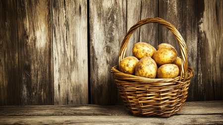 A rustic basket filled with fresh, brown potatoes resting on a wooden surface creates a warm and inviting scene ideal for food-related projects.の素材