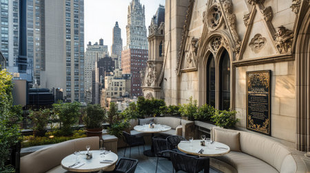 A chic outdoor dining area offers a stunning cityscape view, blending modern architecture with lush greenery, perfect for social gatherings and relaxation.の素材