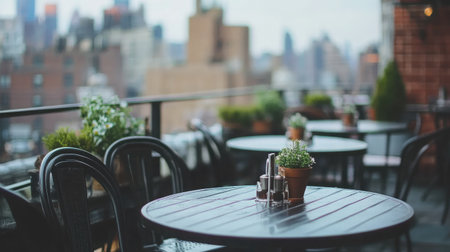 Enjoy a tranquil outdoor dining experience on a scenic rooftop terrace overlooking the city skyline, surrounded by greenery and modern decor.の素材