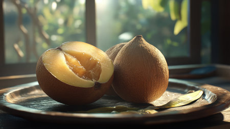 Freshly sliced melon halves showcased on a wooden plate, surrounded by natural light. Perfect for highlighting healthy eating and vibrant flavors.の素材