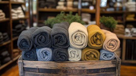 A charming display of neatly rolled blankets showcasing various colors and textures. Perfect for home decor, cozy atmospheres, or retail settings.の素材