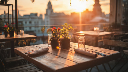 A beautiful sunset illuminates a cozy restaurant setting with flower pots adorning the table. A perfect ambiance for an evening meal amidst a vibrant city skyline.の素材