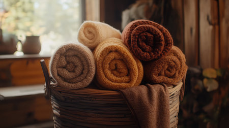 A beautifully arranged collection of rolled towels in warm, earthy tones rests in a rustic wicker basket, adding comfort and style to a cozy interior space.の素材