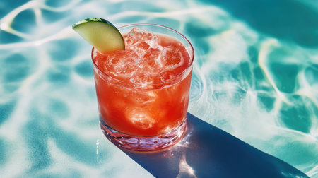 A vibrant summer cocktail sits in a glass with ice, garnished with a fresh fruit slice, casting refreshing colors in the sunlight by the poolside.の素材