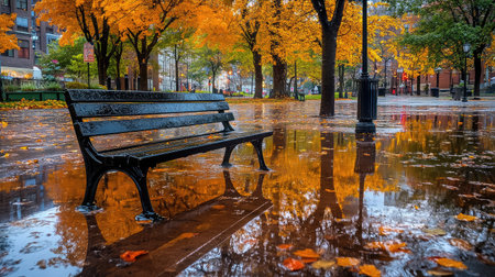 A serene park scene showcasing a lone bench amidst colorful autumn leaves, reflecting in puddles after rain, capturing the essence of tranquility and nature.の素材