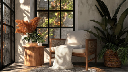 A serene indoor corner featuring a stylish chair bathed in natural light, surrounded by lush greenery and soft textures, perfect for relaxation and refreshment.の素材
