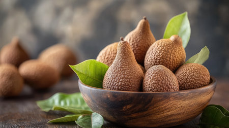 A beautiful display of fresh longan fruits nestled in a wooden bowl surrounded by green leaves. This image captures the natural beauty and texture of these tropical delights.の素材