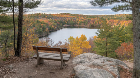 A serene autumn scene with a wooden bench overlooking a picturesque lake surrounded by vibrant fall foliage. Ideal for relaxation and nature appreciation.の素材
