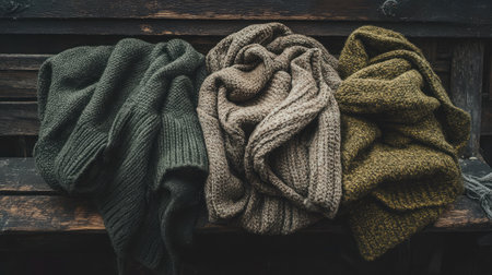 A visual arrangement of cozy knitted sweaters in earth tones, showcasing various textures and patterns, perfect for autumn and winter fashion inspiration.の素材