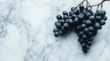 A cluster of fresh black grapes resting on a marble surface. This image highlights the natural beauty and textures of the fruit, perfect for culinary and health-related themes.の素材