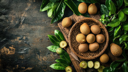A rustic arrangement featuring fresh lychee fruits nestled in a woven basket. Surrounded by lush green leaves, this tropical produce embodies natural beauty and flavor.の素材