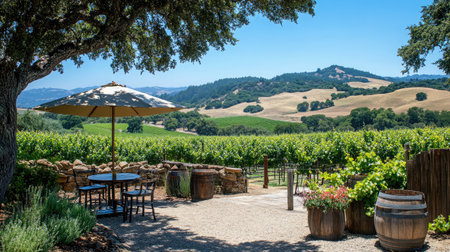A serene vineyard landscape features a cozy patio with a table and umbrella, surrounded by lush greenery and rolling hills under a clear blue sky. Perfect for relaxation.の素材