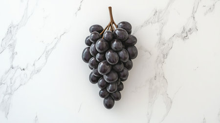 A bunch of fresh black grapes on a sleek marble surface, showcasing their vibrant color and glossy texture. Perfect for healthy recipes or gourmet displays.の素材