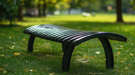 A sleek, modern bench sits amidst lush green grass in a tranquil park, inviting relaxation and reflection in a serene outdoor environment. Perfect for leisure moments.の素材