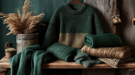 Discover a warm and inviting display of knitwear, featuring a cozy sweater and soft blankets in earthy tones, perfect for autumn ambiance and home decor.の素材