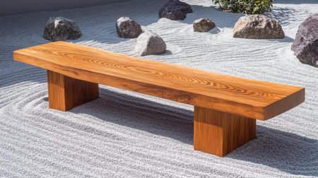 A beautifully crafted wooden bench sits elegantly in a serene zen garden, surrounded by smooth stones and gravel, evoking tranquility and simplicity.の素材