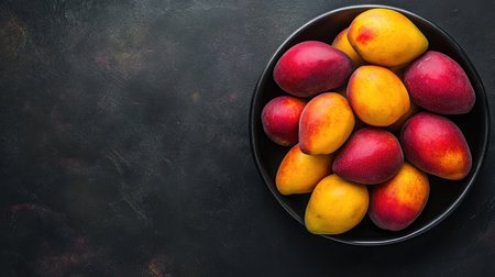 A vibrant arrangement of fresh mangoes in a bowl against a dark background, showcasing their bright colors and juicy appeal, perfect for food imagery.の素材