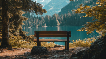 A tranquil lake view featuring a wooden bench surrounded by lush trees and calm waters, perfect for relaxation and enjoying natureの素材