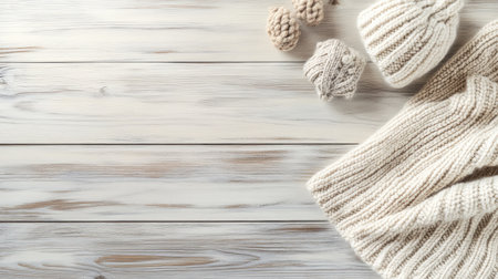 Soft, cozy knitted accessories arranged on a rustic wooden surface. Perfect for conveying warmth and comfort during the winter season. Ideal for fashion and lifestyle themes.の素材