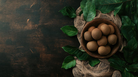 A beautiful arrangement of fresh lychee fruits in a wooden bowl, surrounded by green leaves. The rustic setting highlights the natural textures and colors, perfect for food photography.の素材