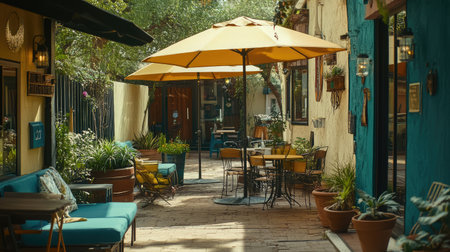 A picturesque courtyard featuring vibrant yellow umbrellas, rustic seating, and lush greenery. Ideal for leisurely afternoons or casual dining experiences.の素材