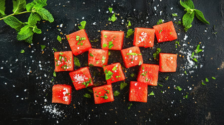 A vibrant arrangement of fresh watermelon cubes topped with mint and sea salt. Perfect for summer snacks, healthy dishes, and culinary presentations.の素材