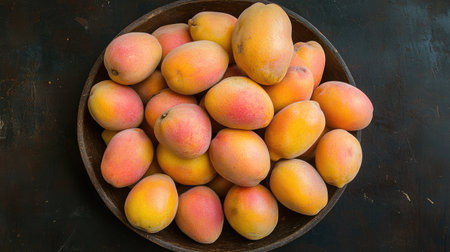 A bowl filled with fresh ripe mangos showcases a vibrant array of colors and textures, perfect for depicting healthy eating and tropical cuisine.の素材