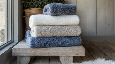 A serene arrangement of cozy towels stacked on a wooden table near a window, showcasing a warm and inviting atmosphere perfect for home decor.の素材