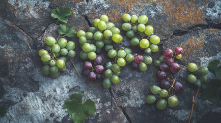 A beautiful display of fresh green and red grapes resting on a rustic stone surface, showcasing their vibrant colors and textures in a natural setting.の素材
