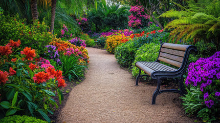 A picturesque garden pathway featuring a rustic bench and a variety of vibrant flowers. This serene outdoor space invites relaxation and connection with nature.の素材