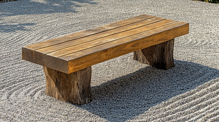 A rustic wooden bench stands in a serene zen garden, surrounded by gravel and smooth stones, offering a tranquil space for relaxation and meditation.の素材