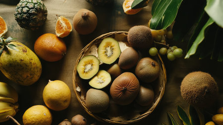 A beautiful arrangement of fresh tropical fruits in a rustic basket, showcasing vibrant colors and textures, perfect for culinary inspiration or healthy lifestyle themes.の素材