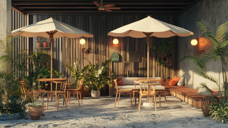 A stylish outdoor seating area featuring wooden furniture, large umbrellas, and lush plants. Perfect for relaxation and social gatherings in a serene environment.の素材