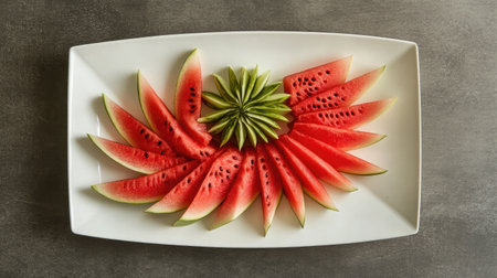 An artistic arrangement of fresh watermelon slices on a white plate. Perfect for summer gatherings, this colorful display enhances any table setting.の素材