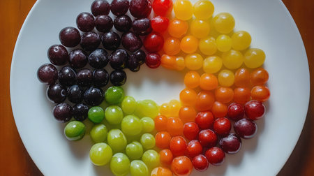 A beautiful display of fresh grapes arranged in a colorful circle on a white plate, showcasing vibrant hues of green, red, and purple for an inviting and appetizing look.の素材