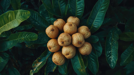 A stunning arrangement of fresh lychee fruits resting on vibrant green leaves, showcasing their natural beauty and appealing texture, perfect for food lovers.の素材
