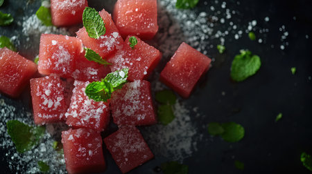 Savor the refreshing taste of fresh watermelon cubes topped with mint and sugar. A vibrant summer dessert perfect for healthy snacking or elegant presentations.の素材