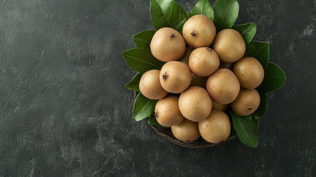 A beautiful arrangement of fresh loquats nestled in a rustic basket, surrounded by green leaves, showcasing their natural beauty and vibrant color. Perfect for food-related themes.の素材