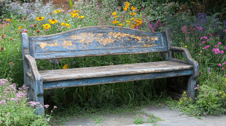 A weathered wooden bench sits amidst a colorful floral garden, offering a serene spot for relaxation. The rustic charm enhances the natural beauty.の素材