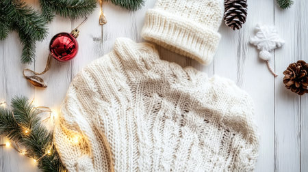 A cozy white knit sweater and matching hat on a wooden table surrounded by holiday decorations. Perfect for winter fashion and festive feels.の素材