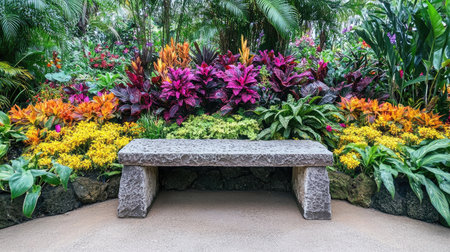 A vibrant floral garden featuring a stone bench surrounded by colorful blooms and lush greenery, creating a serene outdoor space for relaxation.の素材