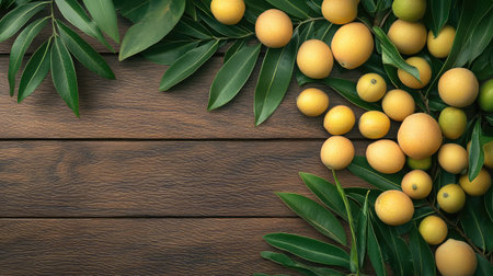 A vibrant arrangement of yellow fruits nestled among lush green leaves on a rustic wooden background, perfect for showcasing nature's bounty and freshness.の素材