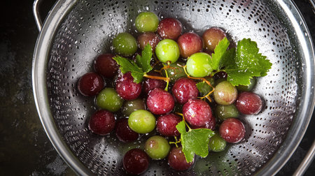 A close-up view of freshly washed grapes in a colander, showcasing vibrant green and red varieties, droplets of water, and fresh leaves. Perfect for food-related themes.の素材