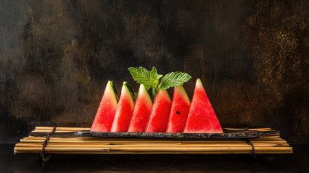 Enjoy a vibrant display of fresh watermelon slices garnished with mint leaves on a rustic bamboo plate, perfect for summer gatherings or healthy snacking.の素材