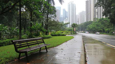 A peaceful urban park scene featuring a wooden bench on a rainy day, surrounded by lush greenery and modern buildings, creating a tranquil escape in the city.の素材
