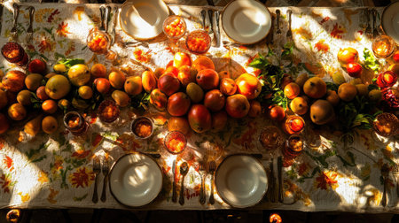 A beautifully arranged table featuring a variety of fresh fruits in warm sunlight. This vibrant scene captures the essence of autumn gatherings and seasonal feasts.の素材