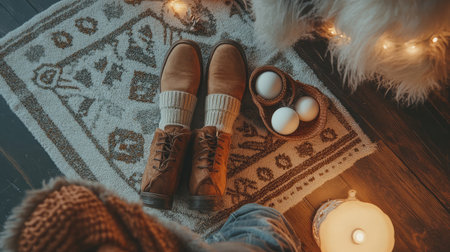 A cozy home scene featuring stylish shoes on a decorative rug, soft textures, and warm lighting, perfect for winter ambiance and comfort.の素材